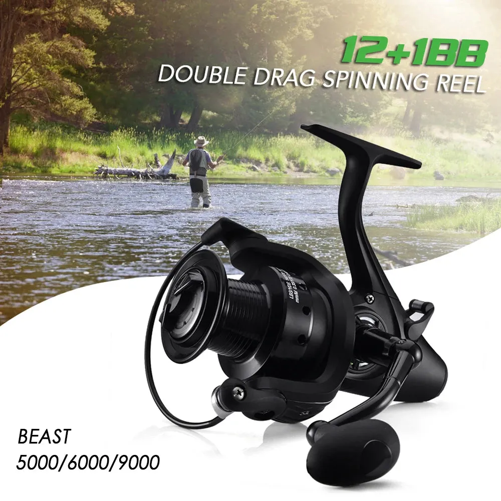 12 1 BB Spinning Reel with Front and Rear Double Drag Carp Fishing Reel Left Right Interchangeable for Saltwater Freshwater