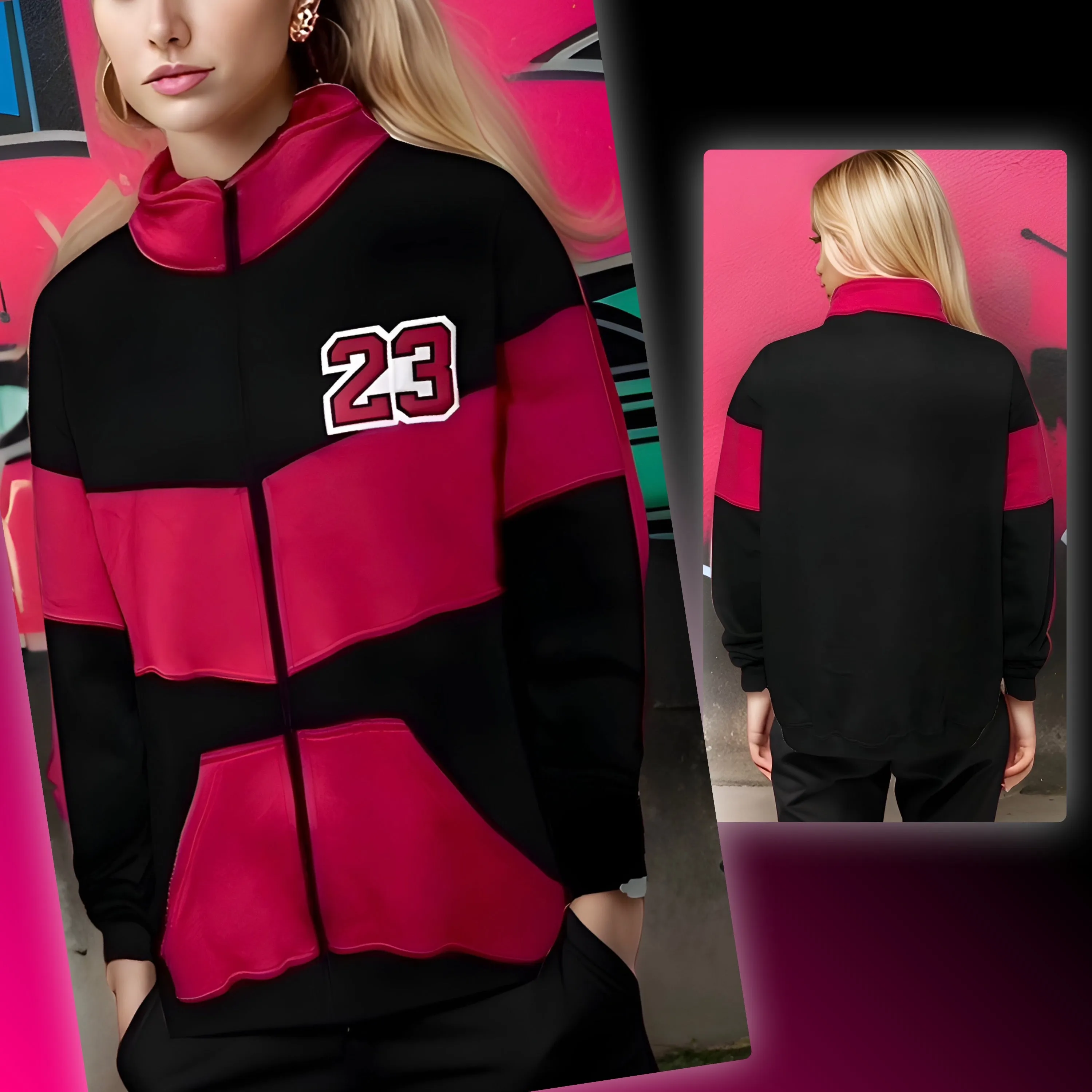 ^23^ (BLACK-HOT PINK) ZIP UP TRACK JACKETS (CUT & SEW) (UNISEX)