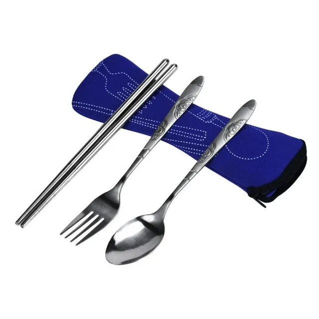 3pcs/1set Stainless Steel Spoon Chopsticks Fork Cutlery Set Portable