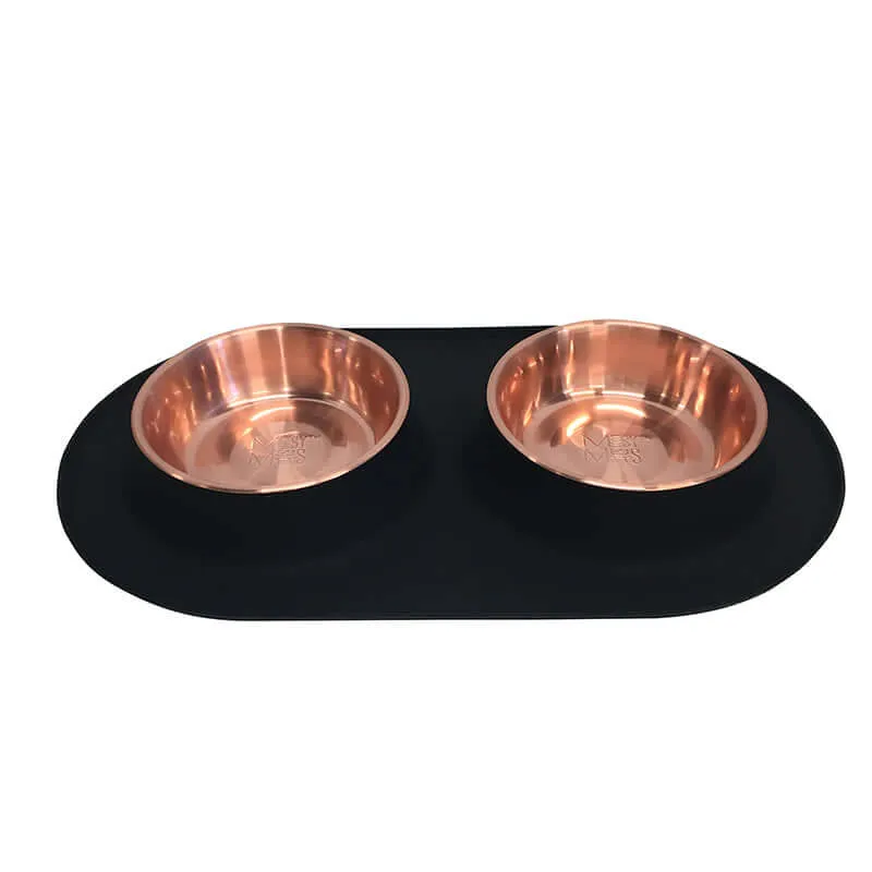 Double Silicone Dog Feeder with Copper Colored Bowls, 3 Cups Per Bowl