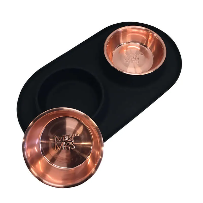 Double Silicone Dog Feeder with Copper Colored Bowls, 3 Cups Per Bowl