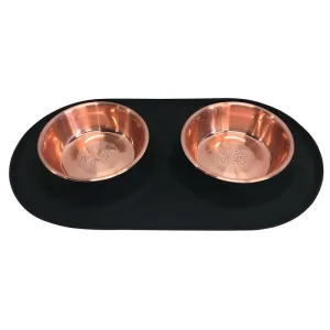 Double Silicone Dog Feeder with Copper Colored Bowls, 3 Cups Per Bowl