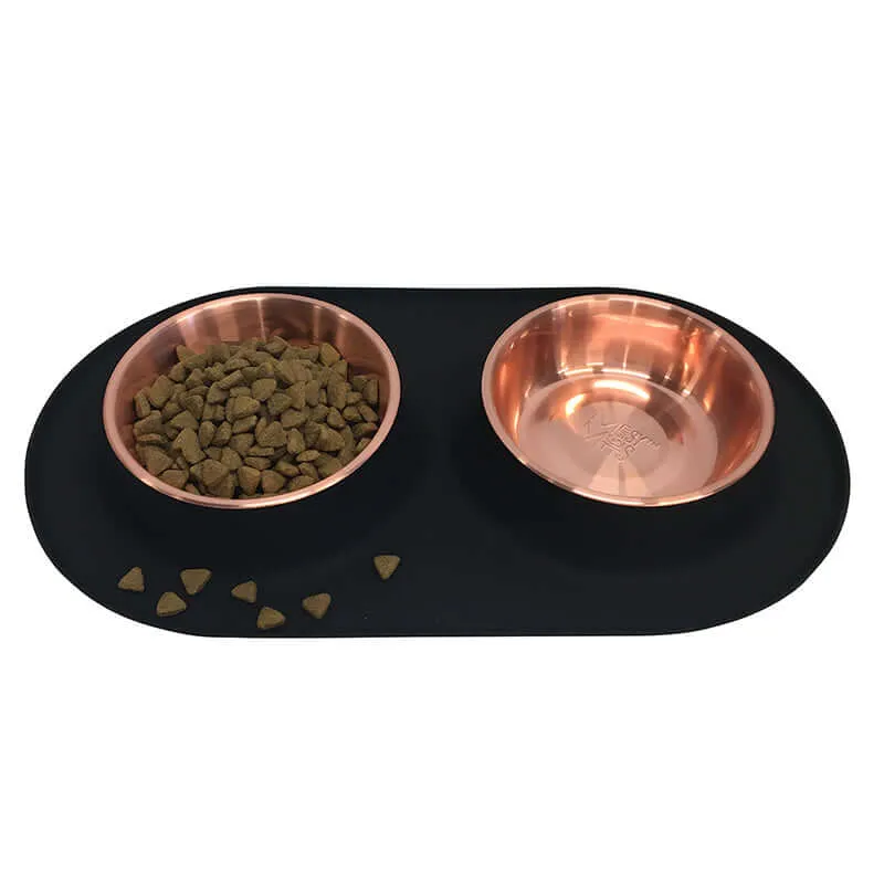 Double Silicone Dog Feeder with Copper Colored Bowls, 3 Cups Per Bowl