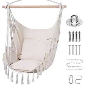 Hammock Chair,Hanging Rope Ceiling Swing with 2 Cushions, Macrame Boho Hanging Chairs for Indoor,Outdoor,Bedroom,Outside,Garden,Balcony,Yard,Deck,Max 330 Lbs (Beige)