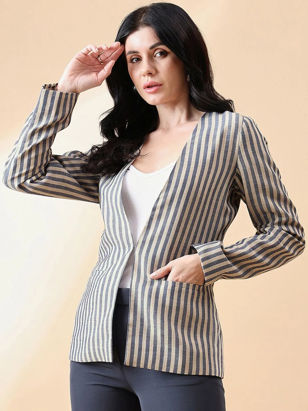 Stripe Poly Linen Blazer - Navy and Beige