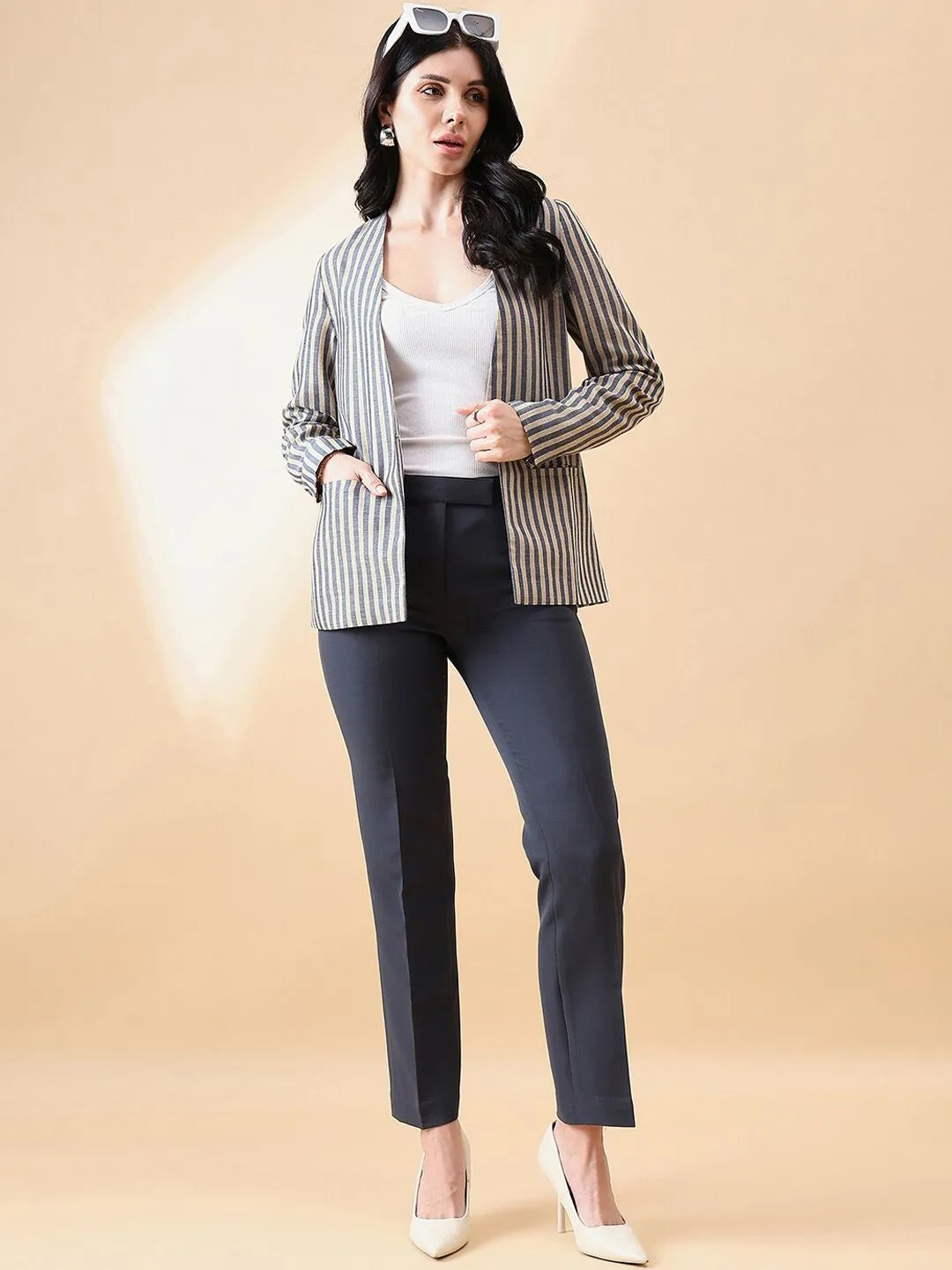 Stripe Poly Linen Blazer - Navy and Beige