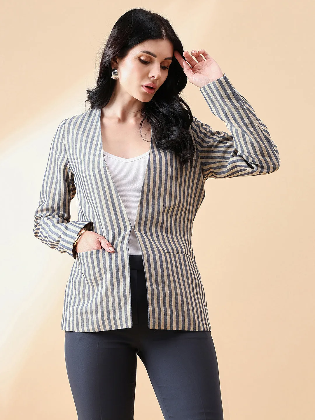 Stripe Poly Linen Blazer - Navy and Beige