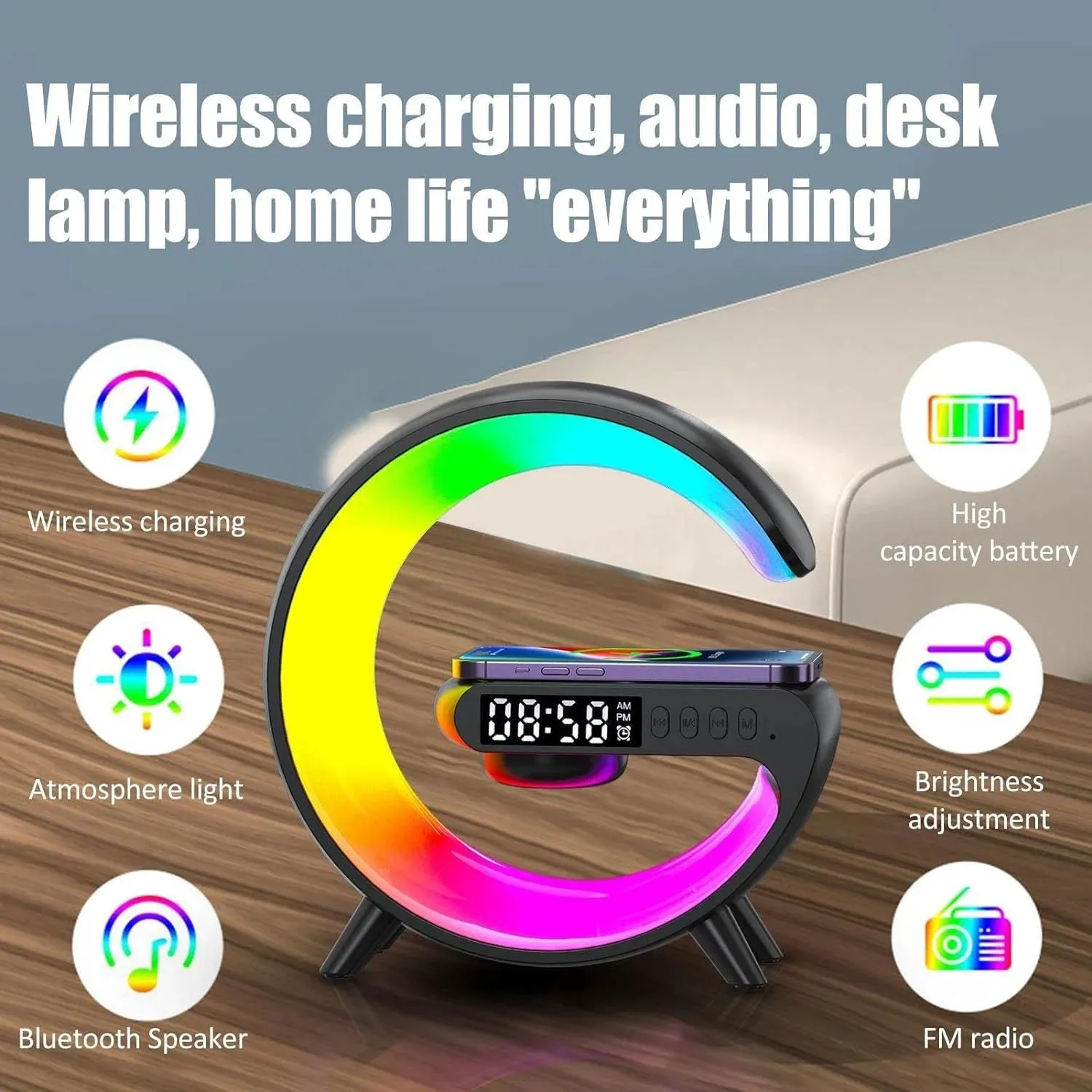 Wireless Charger Lamp Bluetooth Speaker Music Clock Alarm